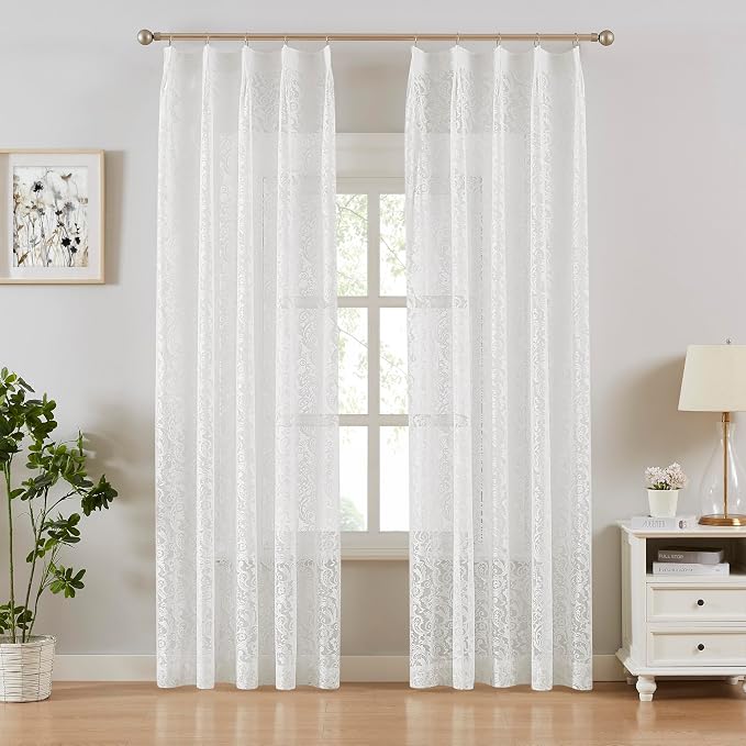 Bujasso White Lace Pinch Pleat Curtains 84 inch,Vintage Floral Sheer Drapes with Hooks & Rings, Victorian Damask Scalloped Edge Light Filtering Window Panels for Bedroom Living Room, 40" Wx84 Lx2