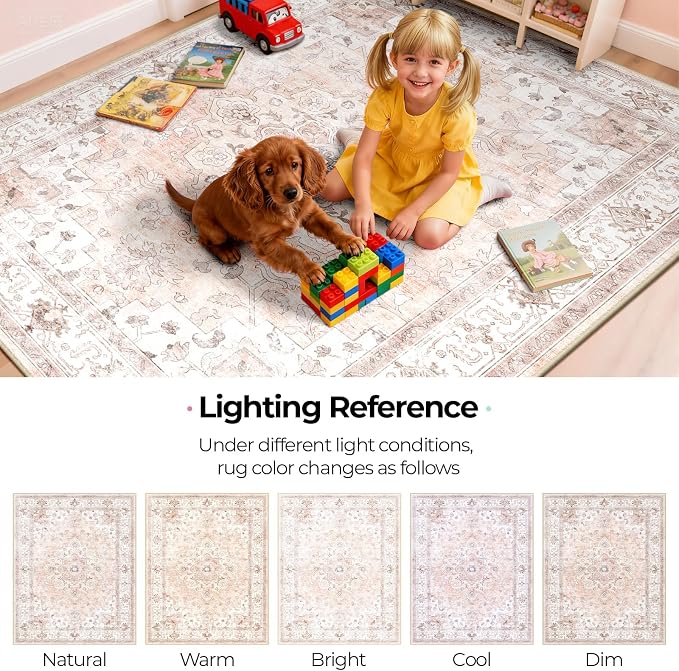 CAPALOCA Machine Washable Rugs Nursery Rug Sq6ft Cute Girl Non Slip Low Pile Water Repellent Soft Print Pattern for Bedroom Indoor Decor Kids Playroom Pink