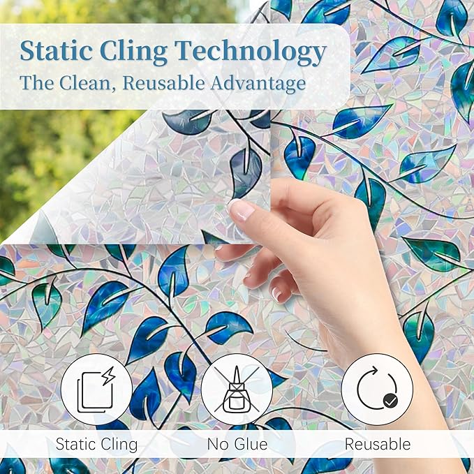 Finnez Window Privacy Film 3D Static Cling Window Film with Rainbow Effect, No Glue Heat Control & 99% UV Blocking for Home Office, Decorative Glass Cover 17.5" x 13.1'