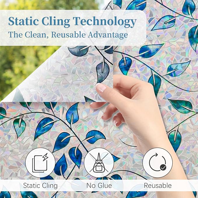 Finnez Window Privacy Film 3D Static Cling Window Film with Rainbow Effect, No Glue Heat Control & 99% UV Blocking for Home Office, Decorative Glass Cover 35.4" x 6.5'
