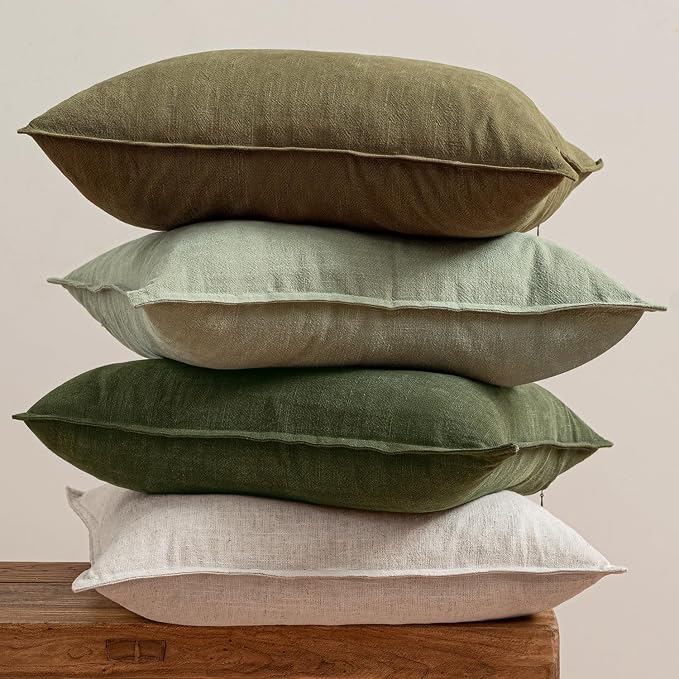 MIULEE Green and White Boho Linen Pillow Covers 20x20 Inch Pack of 4 | Natural Throw Pillow Covers Soft Farmhouse Couch Pillowcases Modern Decor for Living Room Bed Sofa