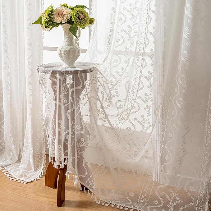 WAZZIO Boho Lace Curtains 2 Panels 45 Inches -Cute Vintage Victorian Sheer Panel Drape French Country Floral Pattern & Tassel Light Filtering Privacy for Bedroom Dining Living Room,White,W52x L45