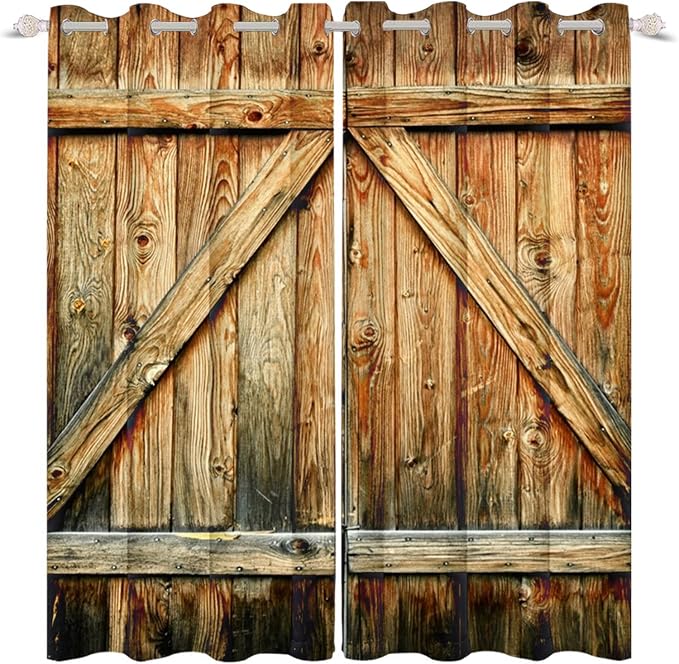 Closed Door Barn Door Curtains Rustic Vintage Wood Door Wooden Plank Window Curtains Farmhouse Countryside Living Room Kitchen Curtains Drapes Treatments Grommets Top,53x63 inch,2 Panels
