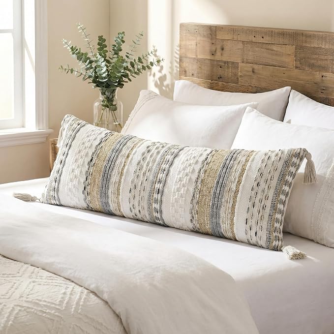 Kevin Textile Spring 14x36 Inch Long Lumbar Pillow Cover 1 Pack Boho Decorative Rectangle Cushion Case Throw Soft Chenille Thread Woven Tufted Textured Accent for Living Room Couch Sofa Bed, Beige