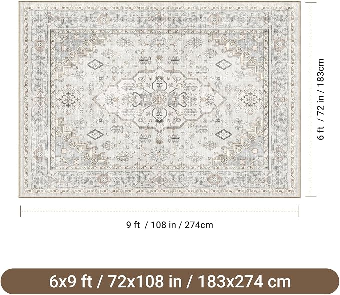 befbee 6x9 Area Rugs for Living Rooms, Stain Resistant Neutral Washable Rugs for Dining Rooms, Floral Vintage Non-Slip Thin Large Size Area Rug(Light Grey)