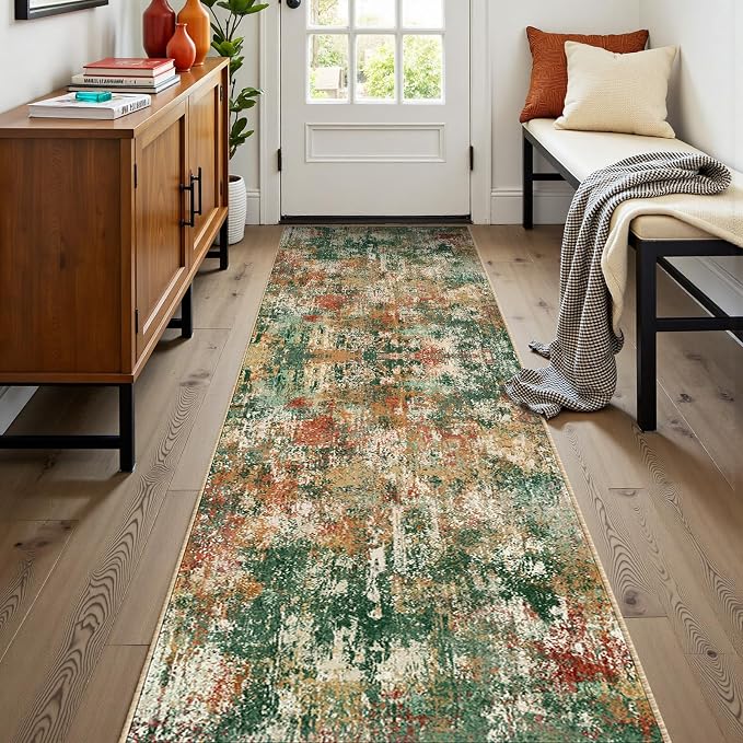 RELEANY Washable Area Rugs 2'x8' Non-Slip Modern Abstract Soft for Living Room Entryway Bedroom Kitchen, Print Pattern, Green Orange Rust Red Cream Colorful