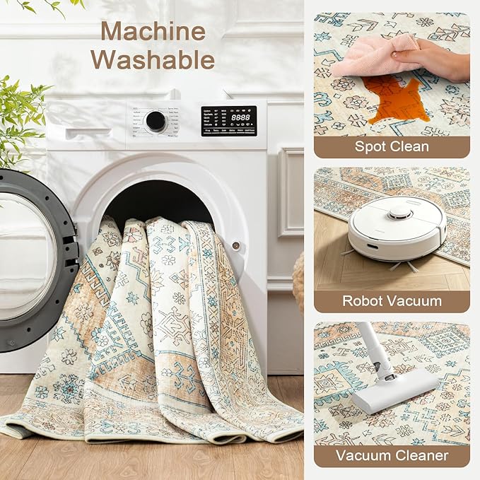 Lofus Vintage Living Room Rugs 5x7, Soft Machine Washable Area Rug for Bedroom Indoor Floor Home Office House Decor, Oriental Traditional Distressed Farmhouse Carpet, Boho Beige and Orange