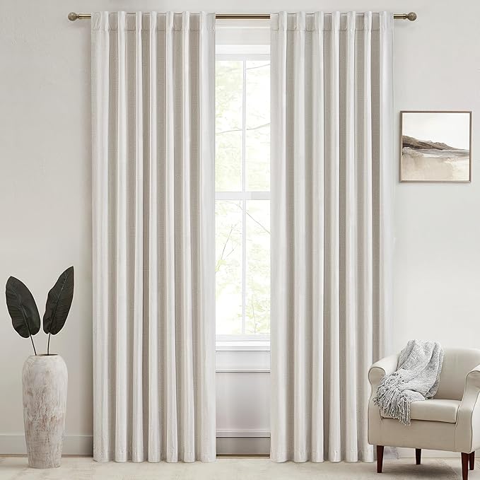 100 Percent Blackout Sliding Glass Door Curtains 120 Inches Long 2 Panels, 10 Foot Theater Floor to Ceiling Track Drape Linen Drop Cloth Traverse Curtains Farmhouse Natural Beige (Hook,Rings Include)