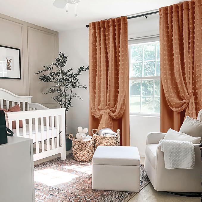 Lino Rosa Terracotta Burnt Orange Boho Short Window Curtains for Bedroom, 45 Inch Pom Pom Double Layer Drapes for Small Window