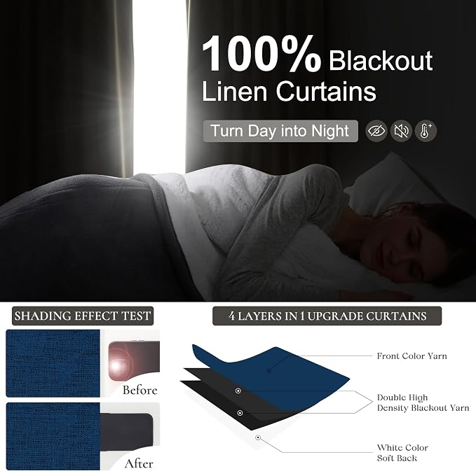 Navy Blue Blackout Curtains 84 Inch Length for Kids/Boys Rooms/Bedroom, Floor to Ceiling Track Pleated Drapes with Hooks Linen Thermal Coastal Curtain Dark Blue Window Burg 50"Wx84"Lx 2Panels Back Tab