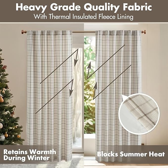 Madison Park Anaheim Cabin Plaid Curtain Window, Thermal Insulated Fleece Lining, Living Room Decor Room Darkening Drape for Bedroom, 1-Single Panel Pack, 50x84, Rod Pocket & Back Tab, Natural