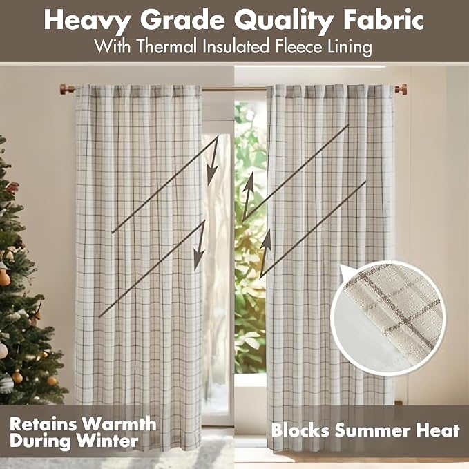Madison Park Anaheim Cabin Plaid Curtain Window, Thermal Insulated Fleece Lining, Living Room Decor Room Darkening Drape for Bedroom, 1-Single Panel Pack, 50x95, Rod Pocket & Back Tab, Natural