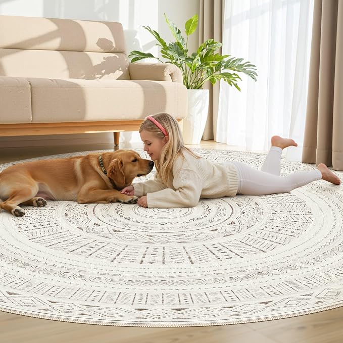 cotiled 8x8 Round Area Rugs Living Room Rug: Washable Boho Rugs with Non Slip Backing Large Soft Indoor Stain Resistant Carpet for Bedroom Farmhouse Dining Room Lightweight Home Decor L Brown/Cream