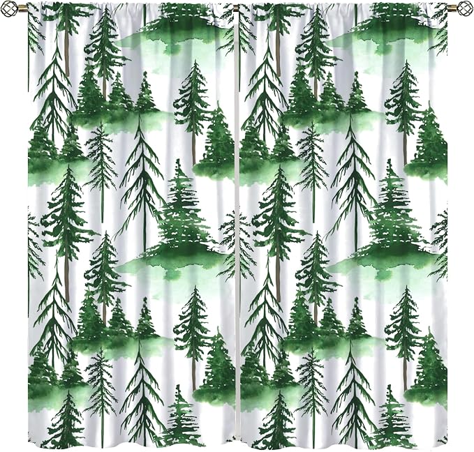 Watercolor Forest Curtains, Green Nature Cartoon Mountains Misty Forest Plants Trees Blackout Window Treatments, Thermally Insulated Drapes for Kids Boys Girls Living Room Bedroom Nursery 84x84in