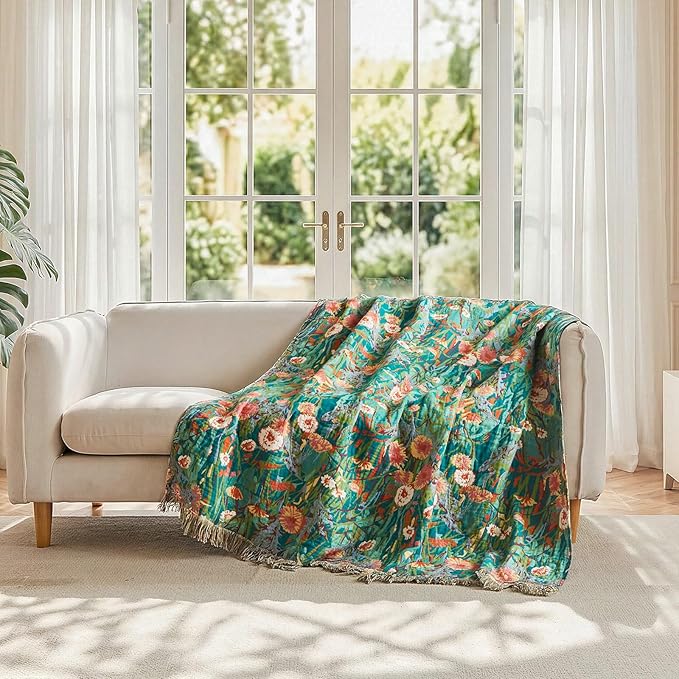 LUTBM Boho Throw Blanket for Couch Sofa Chair Cotton Spring Breathable Blankets for Bedroom Living Room All Season Soft Lightweight Reversible Floral Embroidery Throws 50"x60" Home Decor