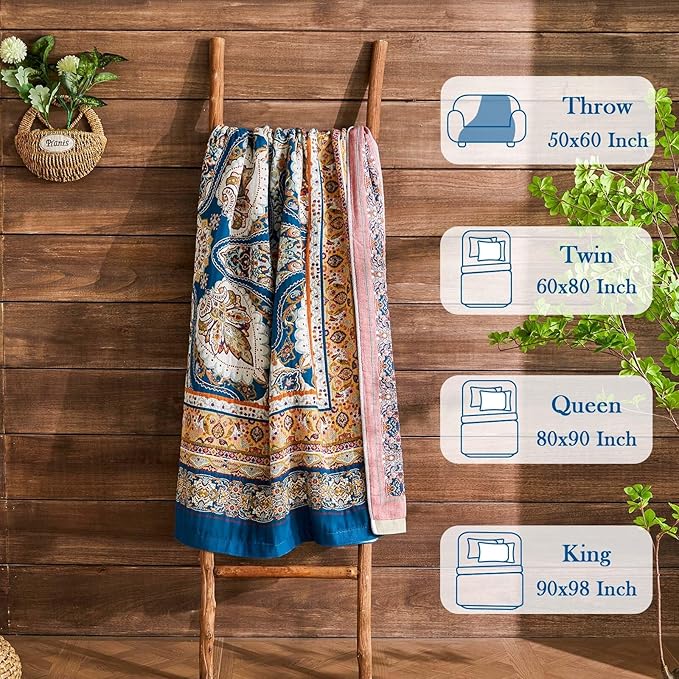 Boho Throw Blanket 100% Cotton Muslin Woven Blanket Bohemian Bed Throws Vintage Rustic Farmhouse Decor Reversible Bed Blanket Quilt for All Seasons（Blue 90"x98"）