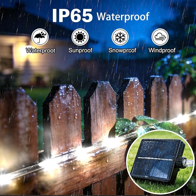 KNONEW Solar Rope Lights Outdoor 2 Packs Total 600LED 100FT Solar String Light Outside Waterproof with 8 Modes Clear Thin Tube for Pool Patio Garden Fence Camping Yard Deck Trampoline（Cool White）