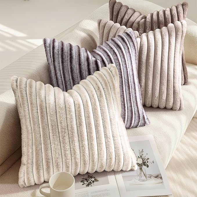 decorUhome Fall Cozy Faux Fur Throw Pillow Covers 18x18 Set of 2 Decorative Soft Plush Striped Modern Farmhouse Boho Couch Pillow Cases with Velvet Back for Sofa Bed Living Room, Beige White