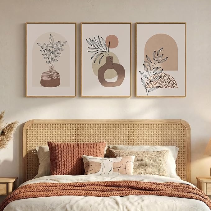 Framed Neutral Boho Wall Art Bedroom, 3 Piece Abstract Bohemian Brown Botanical Vase Canvas Artwork for Walls, Large Earth Tone Boho Pictures for Living Room Home Office Hallway Wall Decor, 16x24 Inch