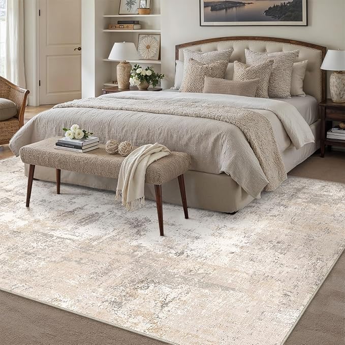9x12 Washable Area Rug Beige Grey Abstract Non Slip Soft Low Pile Rug for Living Room Bedroom Dining Room Office Neutral Modern Indoor Large Throw Carpet for Home Decor