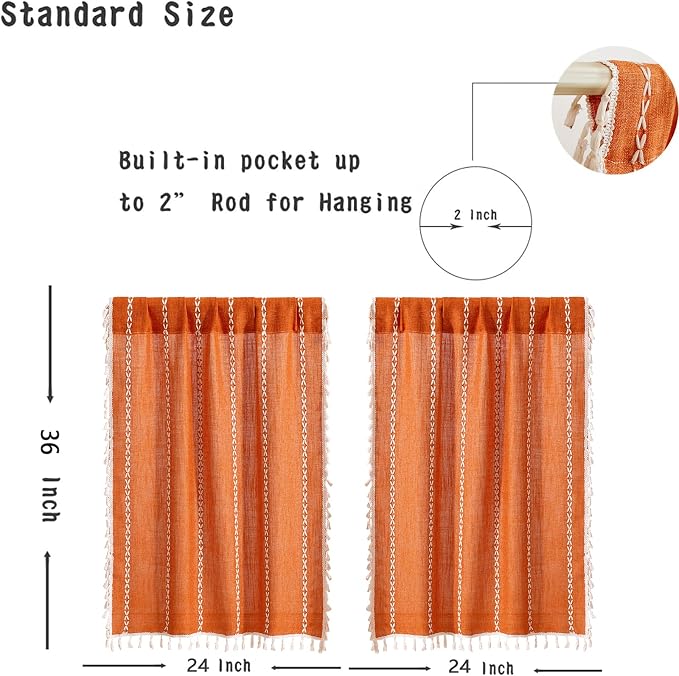 RoomTalks Fall Color Boho Farmhouse Kitchen Curtains 36 Inch Length French Striped Modern Vintage Chic Textured Orange Autumn Short Cafe Curtains for Small Window Kitchen Bathroom