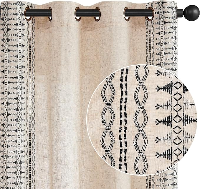 jinchan Boho Curtains Embroidered Linen Blend Window Curtains for Bedroom, Drapes 84 Inch Length 2 Panels Set, Geometry Grommet Bohemian Window Treatments Set for Living Room Black on Beige