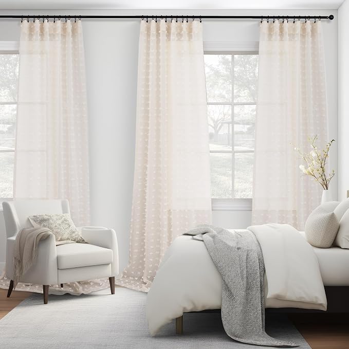 Beige Sheer Curtains 84 Inches Long for Bedroom Living Dining Room Cute Boho Pom Pom Window Curtain Warm Earth Tone Neutral Country Rustic Farmhouse Drapes Shabby Chic 2 Panels 84 Inch Length Back Tab