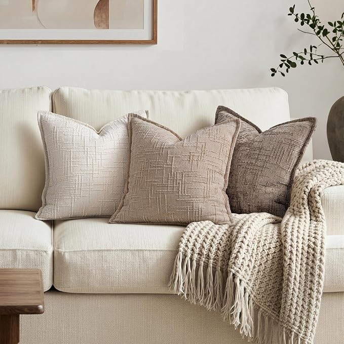 MIULEE Slubby Textured Decorative Throw Pillow Covers 20x20 Inch Set of 2 Boho Farmhouse Soft Cozy Chenille Pillows Cushion Cases Modern Neutral Home Decor for Couch Sofa Bed Living Room, Oatmeal