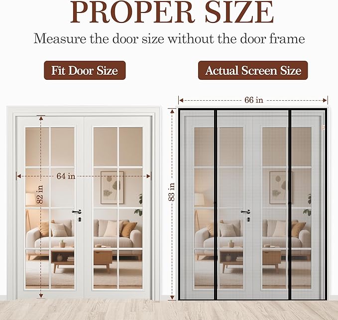Yotache Magnetic Screen Door for Sliding & French Doors 64"x82", Screen Size 66"x83" Reinforced Mesh with Strong Magnets for Double Door & Large Size Front/Back Patio Doors