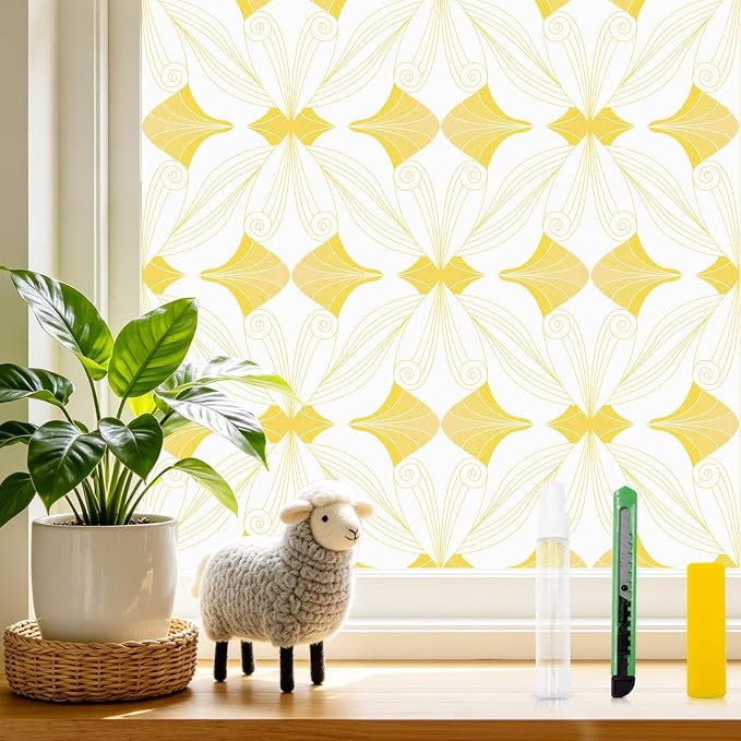 SOMWISE Frosted Glass Window Privacy Film with Tools, Heat Blocking, Anti-UV, Anti-Glare, Static Cling, Decor for Home Bathroom Door, Renter Friendly, Removable, Reusable, Yellow 23.5Inchx78.5Inch