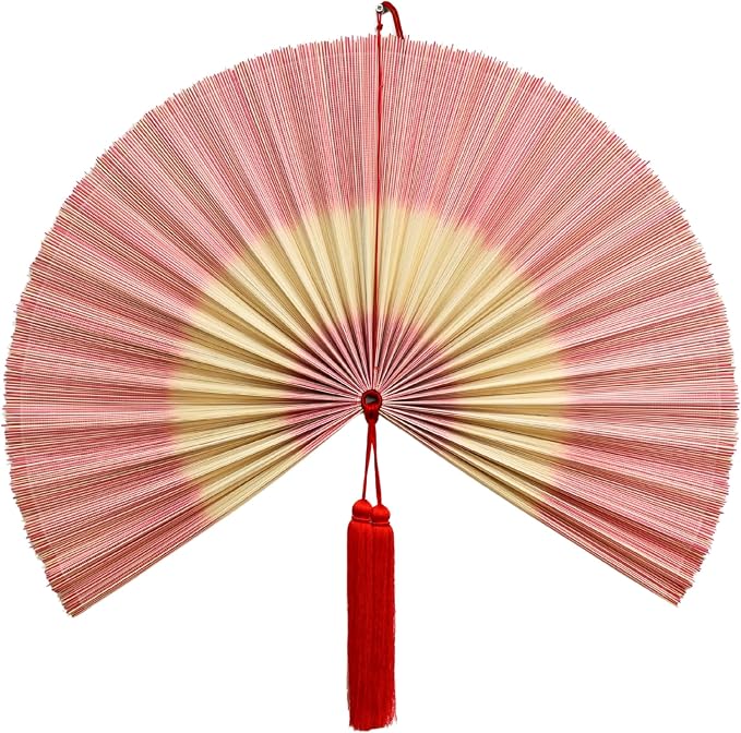 SUCHUBU Bamboo Wall Fan, 40" Pink Handwoven Decor Fan, Large Asian Wall Hanging Aesthetic Fan Art, Boho Chic Bedroom Decor, Natural Bamboo Weaving (Whitepink, Medium)