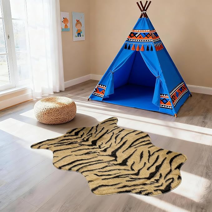 Tiger Print Rug, Faux Cowhide Area Rug Animal Printed Carpet Skin Fur Luxury Soft Faux Fur Rug for Living Room, Bed Room, 31.5x43.5 Inch