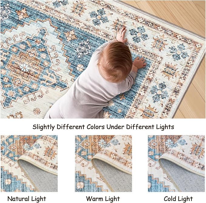 Roxstand Living Room 6x9 Washable Area Rugs, Blue/Beige | Large Area Rug, Non-slip Backing, Super-Soft Floral Vintage, Low Pile, For Living Room, Bedroom, Dining Room, Office