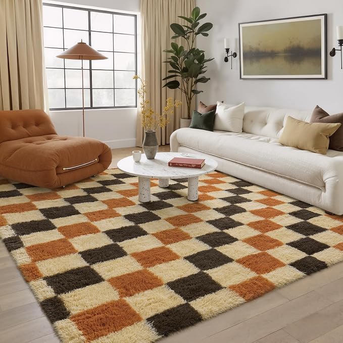 PureCozy Checkered Rug 5x8 for Living Room, Colorful Modern Shag Rug Super Soft Washable Indoor Fuzzy Carpet Non-Slip Fluffy Rugs for Bedroom Home Aesthetic Decor
