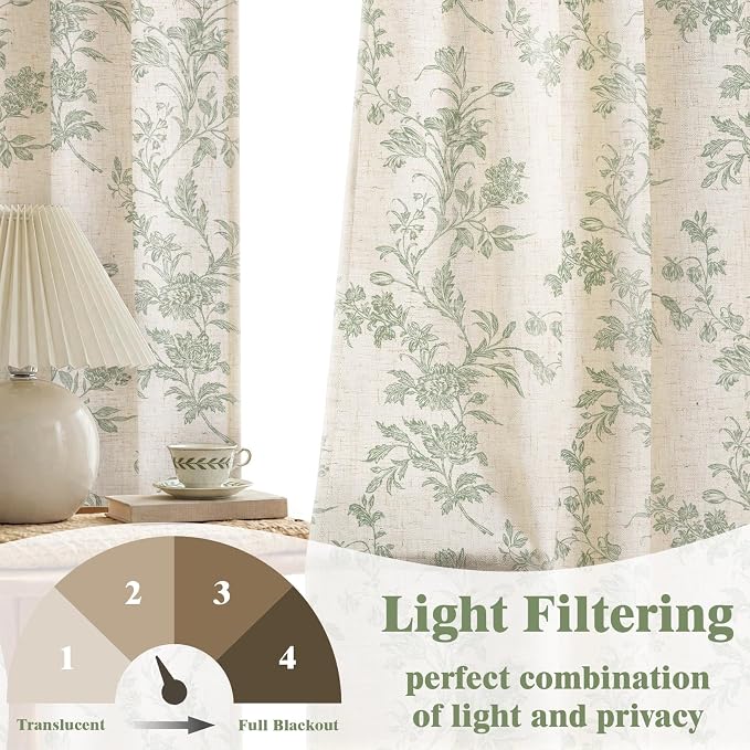 Sage Green Floral Curtains 84 Inch, Light Filtering Linen Texture Drapes 2 Panels, Farmhouse Vintage Curtains for Bedroom Living Room Rod Pocket