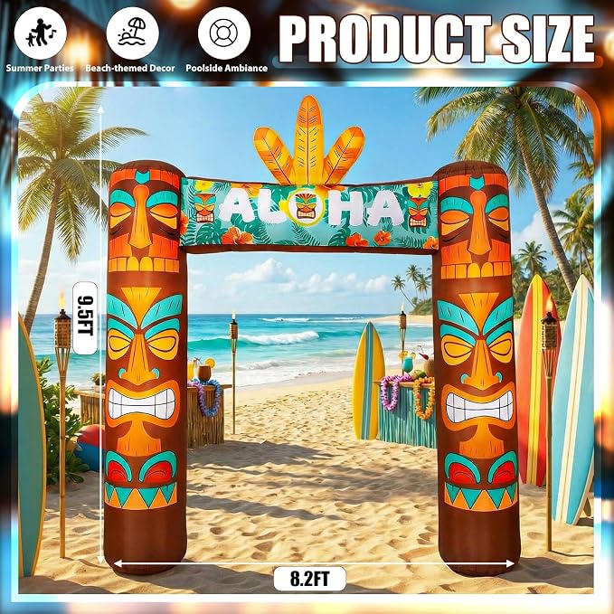 Jenaai 9.5 FT Giant Tiki Themed Inflatable, LED Blow up Tiki Arch for Party, Luau Hawaiian Tropical Beach Party Decorations for Summer Pool Yard Garden Favors Supplies
