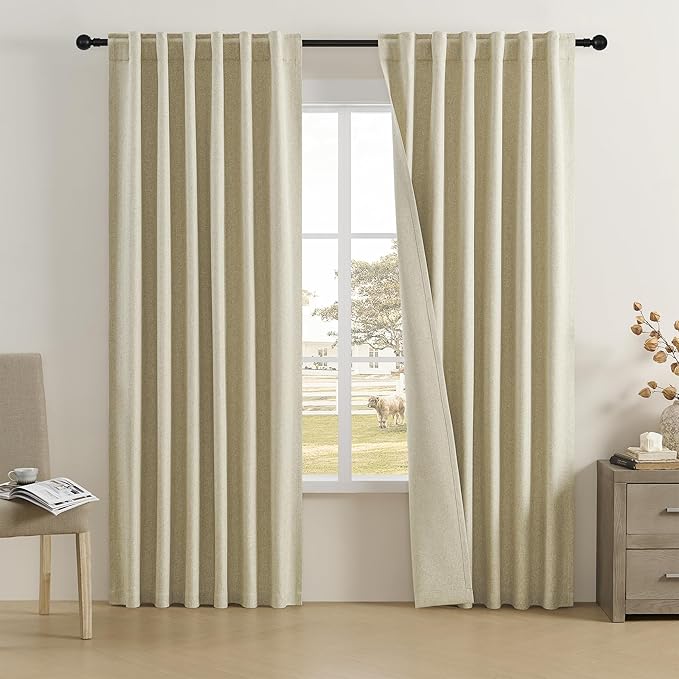 DUALIFE Faux Linen Blackout Curtains 80 Inch Long,Farmhouse Pinch Pleated Back Tab Rod Curtains Room Darkening Thermal Insulated for Bedroom Living Room,W50 x L80,Chartreuse Oatmeal,2 Panels