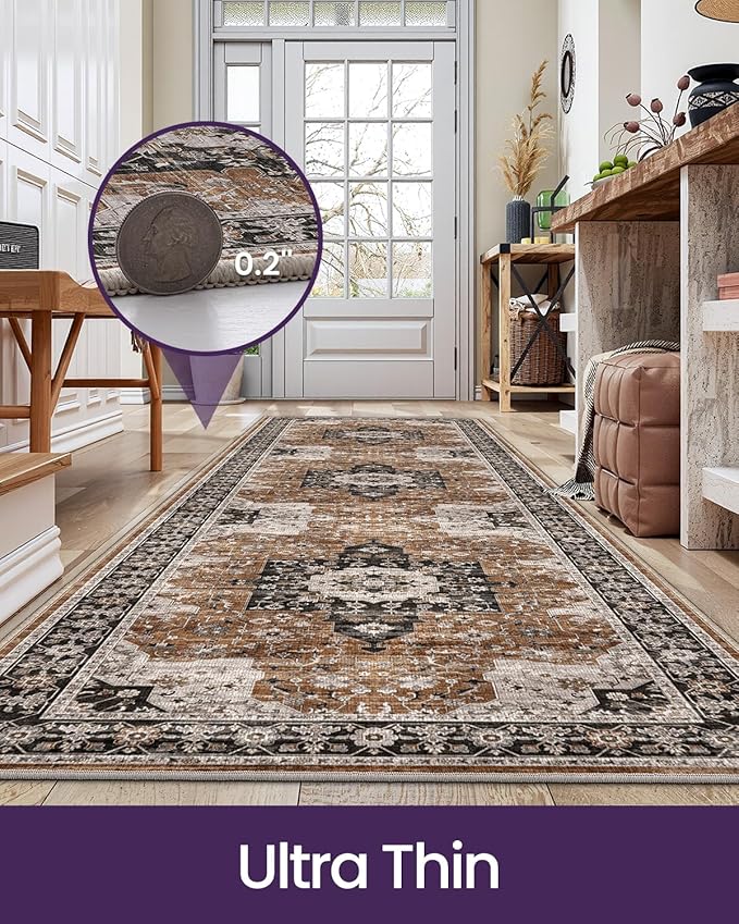 DEXI Hallway Washable Runner Rug 3x8, Vintage Farmhouse Thin Kitchen Runner with Non Slip Backing, Soft Entryway Floor Rug, Stain Resistant Distressed Carpet for Bedroom Living Room, Brown