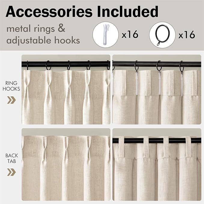 MIULEE Pinch Pleated Thick Linen Curtains 102 Inches Long 2 Panels for Living Room Bedroom, Linen Textured Drapes Pleat Back Tab Memory Trained Light Filtering Boho Birch Window Curtains with Hooks