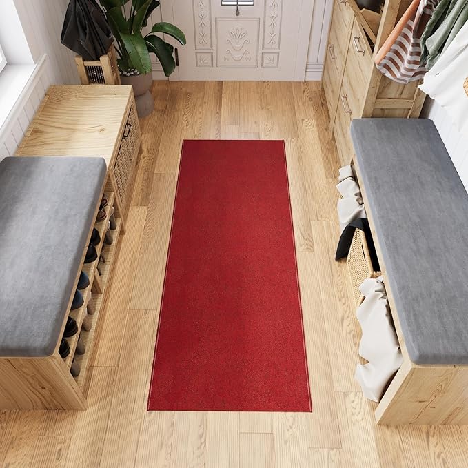 Ottomanson 1'10" x 6' Ultra-Thin Hallway Runner Rug - Durable Non-Slip Carpet for High-Traffic Areas - Fits Under Doors for Seamless Entry - Ideal for Kitchen, Entryway, Bedroom & Living Room, Red