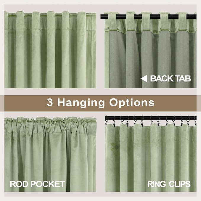 Sage Green Velvet Curtains 72 Inch Length for Mater Bedroom Boys Playroom Gamer Gaming Room Darkening Light Blocking Drape for Living Room Office Rustic Boho Vintage Luxury Home Decor Back Tab 2 Panel