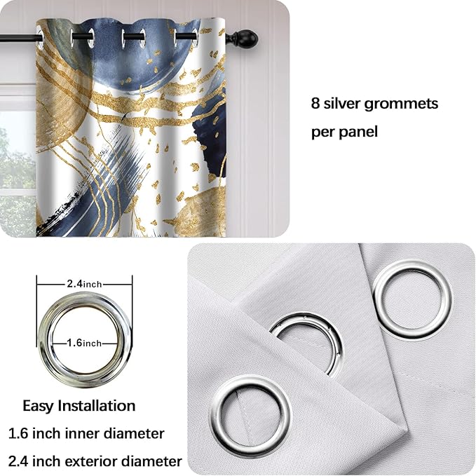 Abstract Blue Gold Blackout Curtain, Boho Aesthetic Modern Window Curtains Living Room Bedroom Decor Thermal Curtain Darkening Grommet Window Drapes Treatments, 2 Panels 52x84 Inch