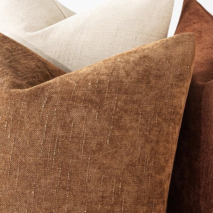 MIULEE Pack of 2 Decorative Throw Pillow Covers Soft Chenille Throw Pillows Solid Textured Euro Cushion Covers for Couch Sofa Bedroom Living Room 22x22 Inch, Brown