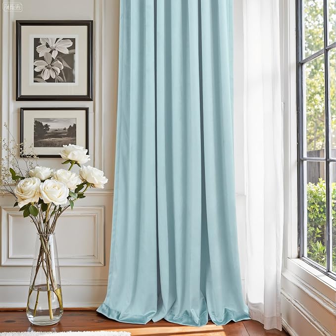 Light Blue Velvet Curtains 84 Inches Long Sky Baby Blue Cerulean Room Darkening Thermal Insulated Semi Blackout Luxury Modern Drapes for Living Room Bedroom 84 Inch Length 2 Panels Back Tab Rod Pocket