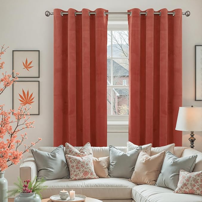 YoungsTex Rust Terracotta Velvet Curtains 63 Inch Length 2 Panels for Fall Living Room, Burnt Orange Thermal Insulated Window Drapes with Grommet Privacy for Bedroom, 52 X 63 Inch