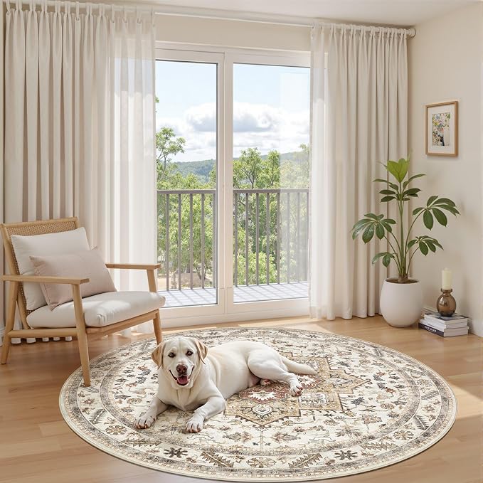 6ft Round Vintage Living Room Area Rug - 6x6 Large Soft Washable Oriental Traditional Distressed Farmhouse Rugs for Bedroom - Indoor Floor Accent Carpet for Home Office House Decor - Golden Taupe