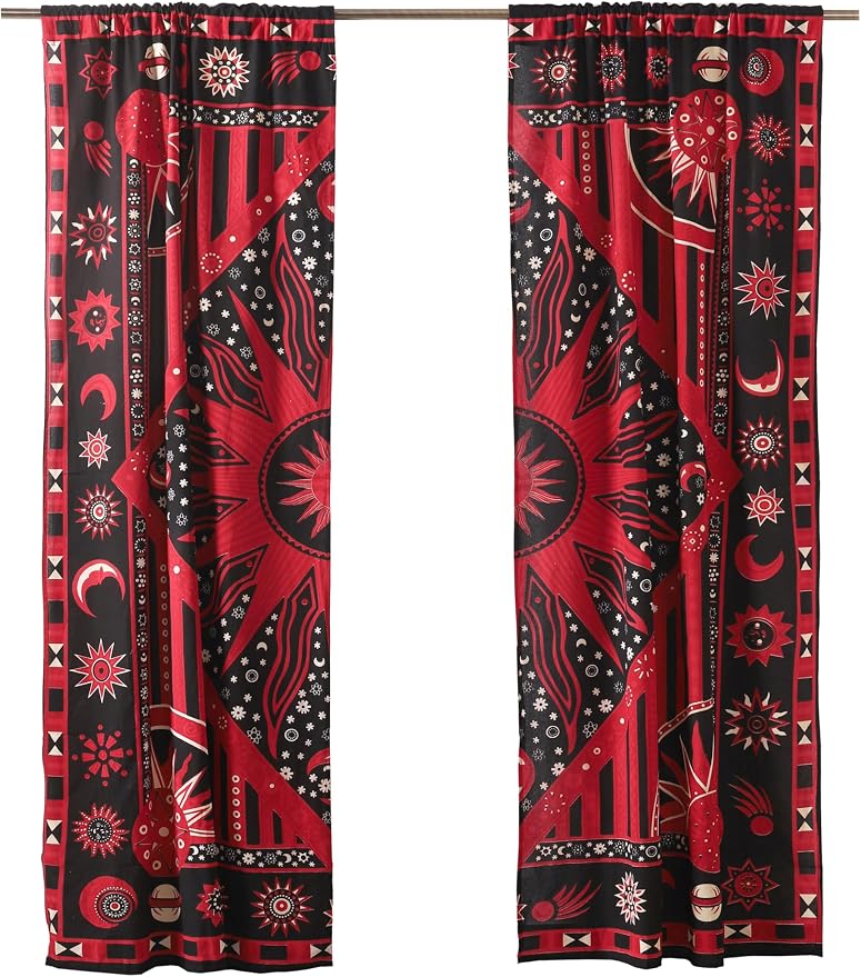 Popular Handicrafts Red Burning Sun Hippie Mandala Curtains 100 Inch Length for Living Room Bedroom 2 Panels Set Light Filtering Semi Sheer Window Curtains 84 Inch Width Boho Farmhouse Drapes W84xL100