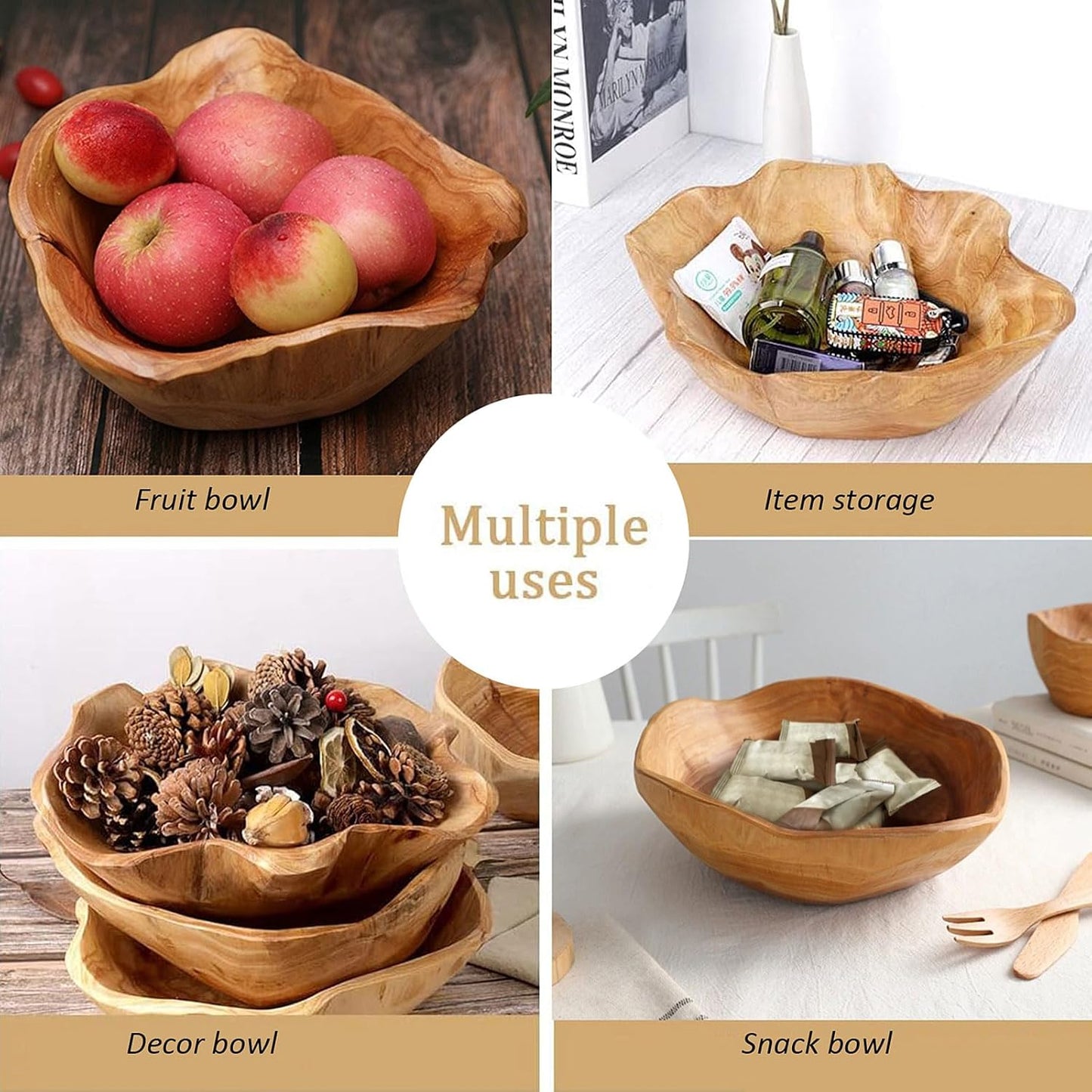 Wooden Bowl Decorative Natural Wood Fruit Bowl, Irregular Creative Wood Bowls, Rustic Hand Carved Candy Snack Keys Serving Bowls for Home Decor(8"-10" Diameter)