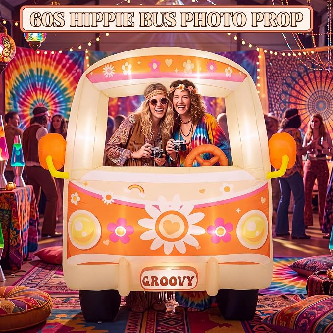 Soulchen 6FT Inflatable Hippie Bus with LED Lights and Powerful Blower Retro 60s 70s Boho Groovy Party Decoration Photo Booth Selfie Frame for Birthday Baby Shower Carnival