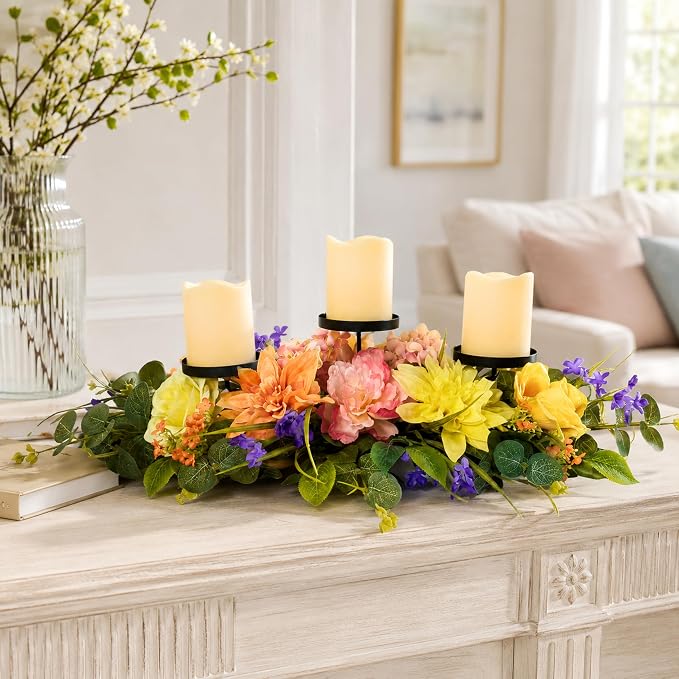 Svndlyn Spring Summer Candle Holder Centerpiece with Colorful Flowers | 3 Candle Plates, Peach Dahlia, Yellow Rose, Purple Flowers and Eucalyptus Leaves for Dining Table, Coffee Table and Mantel